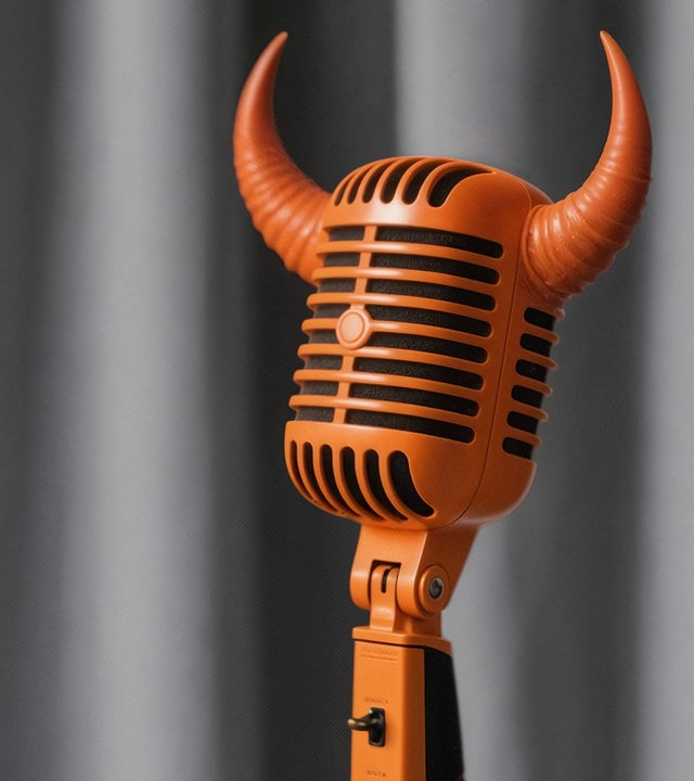 Auf dem Bild ist ein orangenes Retro-Mikrofon abgebildet. Aus der rechten und linken Seite des Mikrofons ragen zwei orangene Teufelhörner.