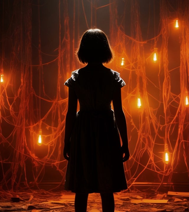 Eine Person mit schulterlangem Haar steht als dunkle Silhouette im Vordergrund und blickt nach vorn. Vor ihr hängen zahlreiche orangefarben leuchtende Glühbirnen an dünnen Kabeln oder Fäden, die wie ein Netz im Raum verteilt sind. Das warme, gedämpfte Licht erzeugt eine geheimnisvolle und leicht unheimliche Atmosphäre, während der Hintergrund ansonsten dunkel bleibt.