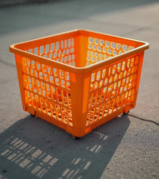 Ein leerer, orangefarbener Kunststoffkorb mit Gitterstruktur steht auf einem grauen Asphaltboden. Der Korb hat kleine Rollen an der Unterseite und wirft einen deutlichen Schatten, was auf tief stehendes Sonnenlicht hindeutet. Der Hintergrund ist schlicht und ohne weitere Objekte.