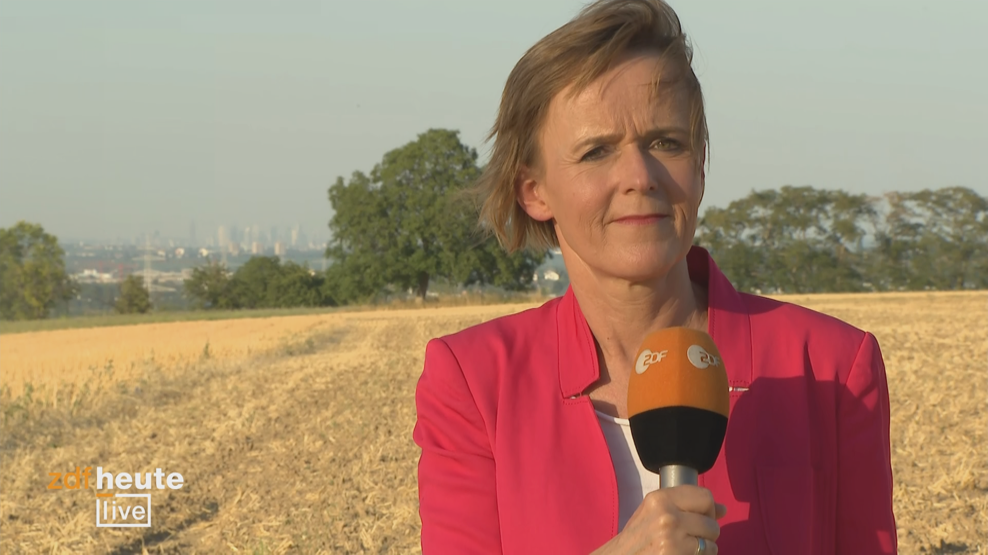 ZDF-Meteorologin Katja Horneffer, ZDFheute live Logo unten links