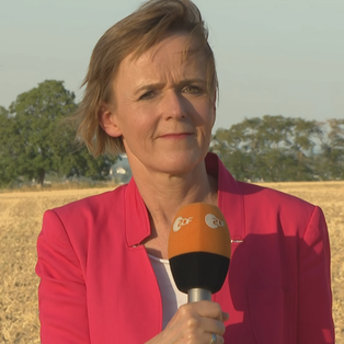 ZDF-Meteorologin Katja Horneffer, ZDFheute live Logo unten links