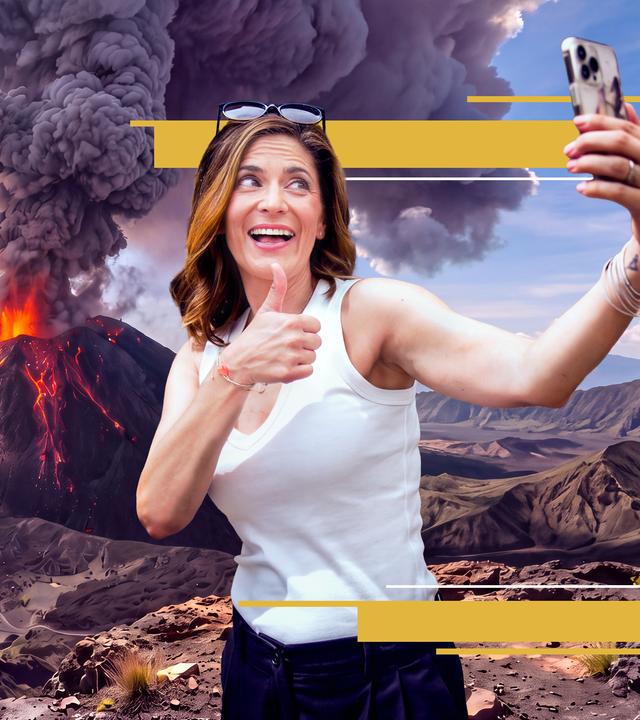 Eine Montage: Katty Salié macht vor dem aktiven Vulkan Vesuv ein Selfie