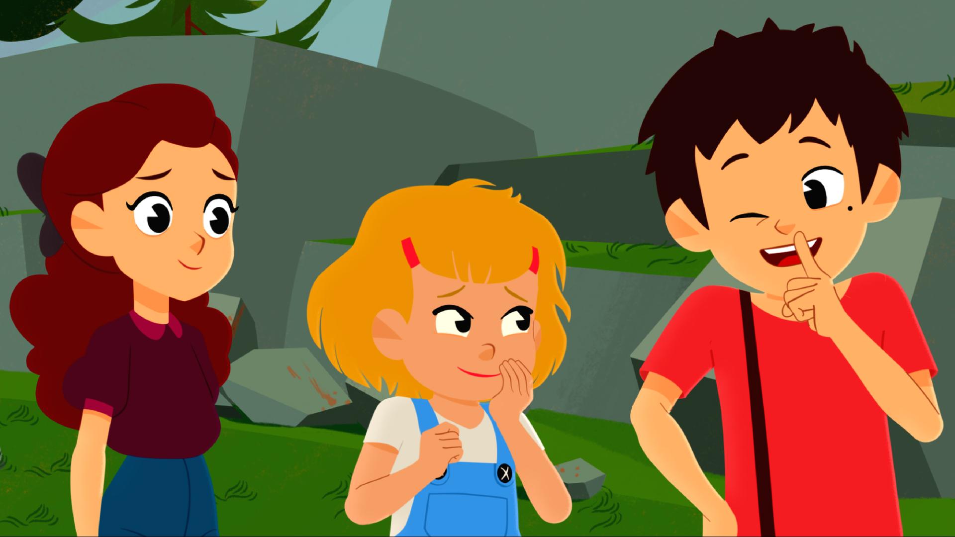 Sebastian hält sich einen Finger vor den Mund und zwinkert Lynette zu. Adele steht daneben und lächelt.