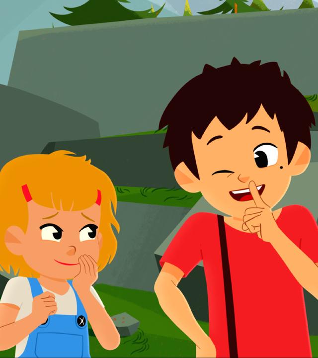 Sebastian hält sich einen Finger vor den Mund und zwinkert Lynette zu. Adele steht daneben und lächelt.