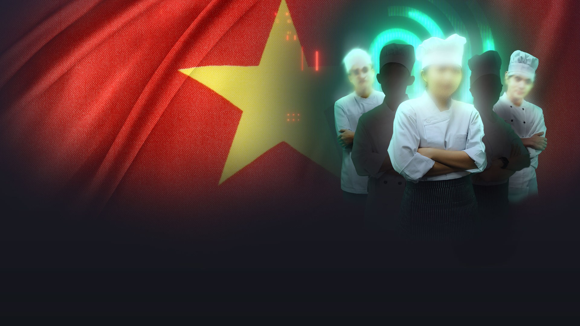 Eine Person in weißer Kochkleidung steht mit verschränkten Armen vor vier weiteren Personen in Kochkleidung, zwei davon als dunkle Silhouetten dargestellt. Im Hintergrund ist groß die vietnamesische Flagge mit gelbem Stern auf rotem Grund zu sehen.