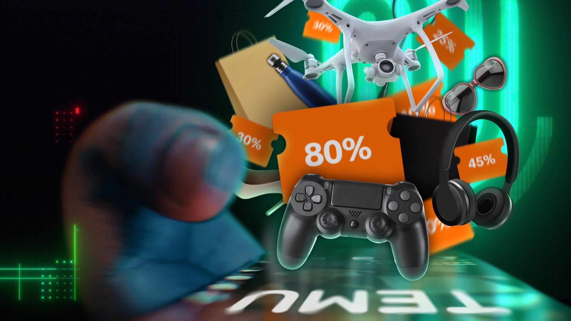 Symbolbild: Ein großer Daumen wischt über ein übergroßes Handy. In der Luft darüber schweben mehrere Alltagsartikel zwischen denen orange Prozentnachlässe erscheinen.