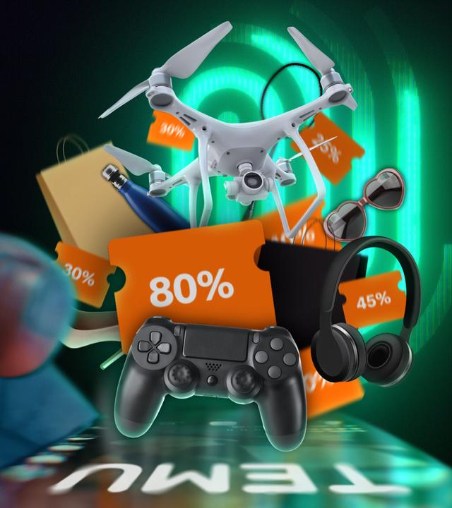 Symbolbild: Ein großer Daumen wischt über ein übergroßes Handy. In der Luft darüber schweben mehrere Alltagsartikel zwischen denen orange Prozentnachlässe erscheinen.