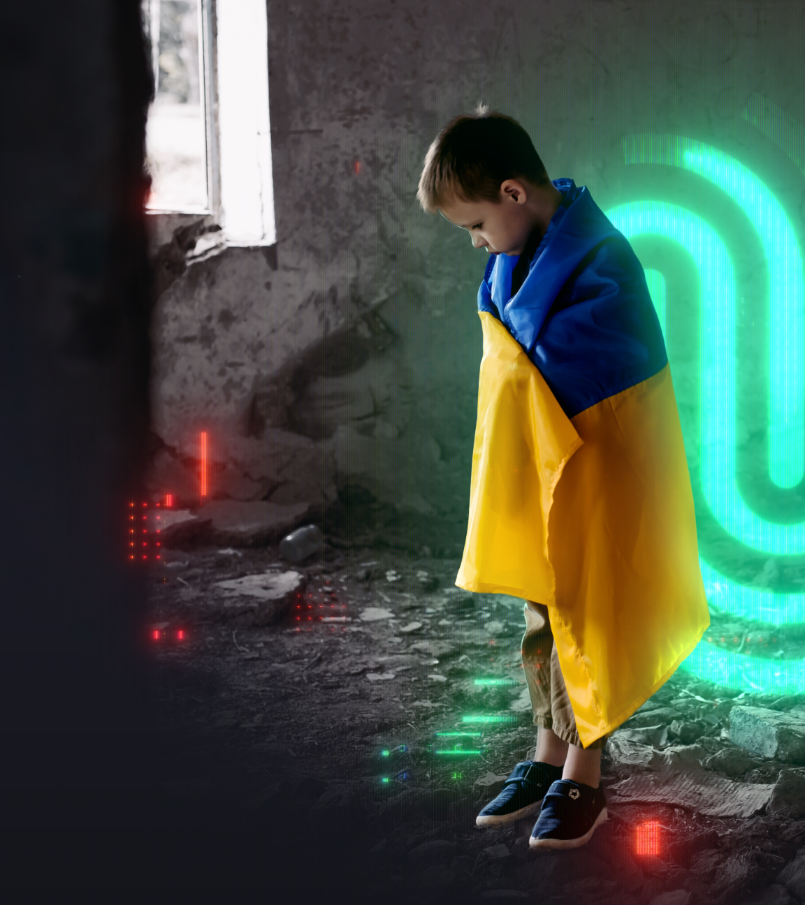 Fotomontage: Kind - eingehüllt in ukrainischer Flagge - steht in einem zerbombten Haus und schaut auf den Boden. Im Hintergrund "Die Spur"-Logo.