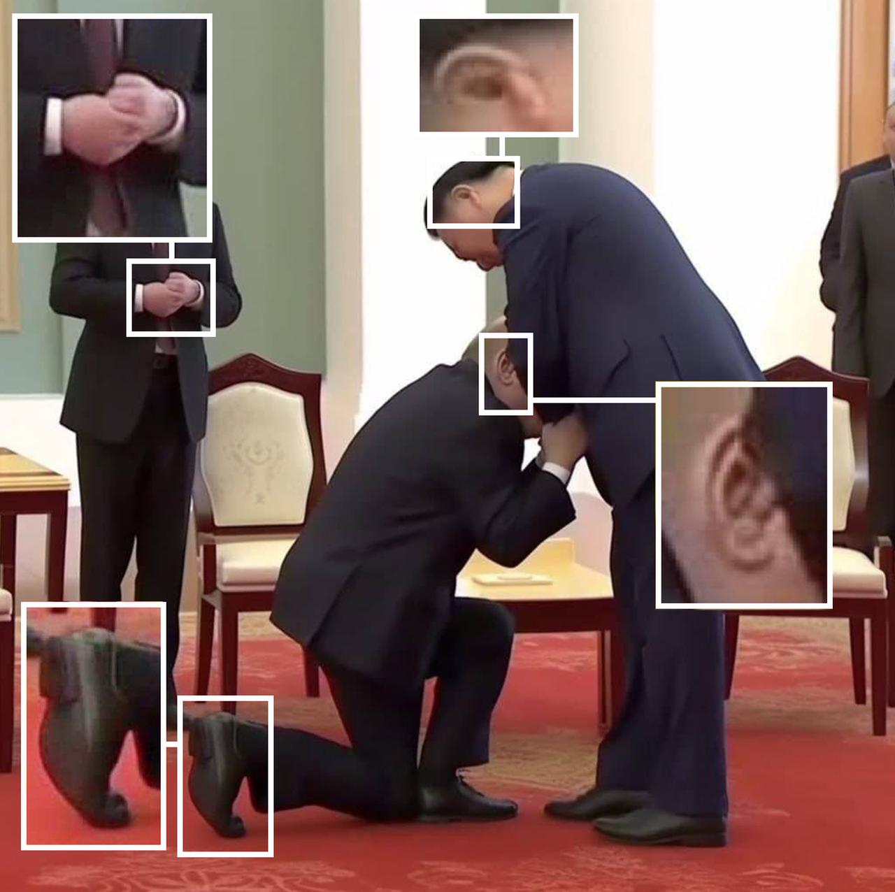 Von einer KI erstelltes Bild: Putin macht einen Kniefall Xi. Mit Kennzeichnung der Artefakte.