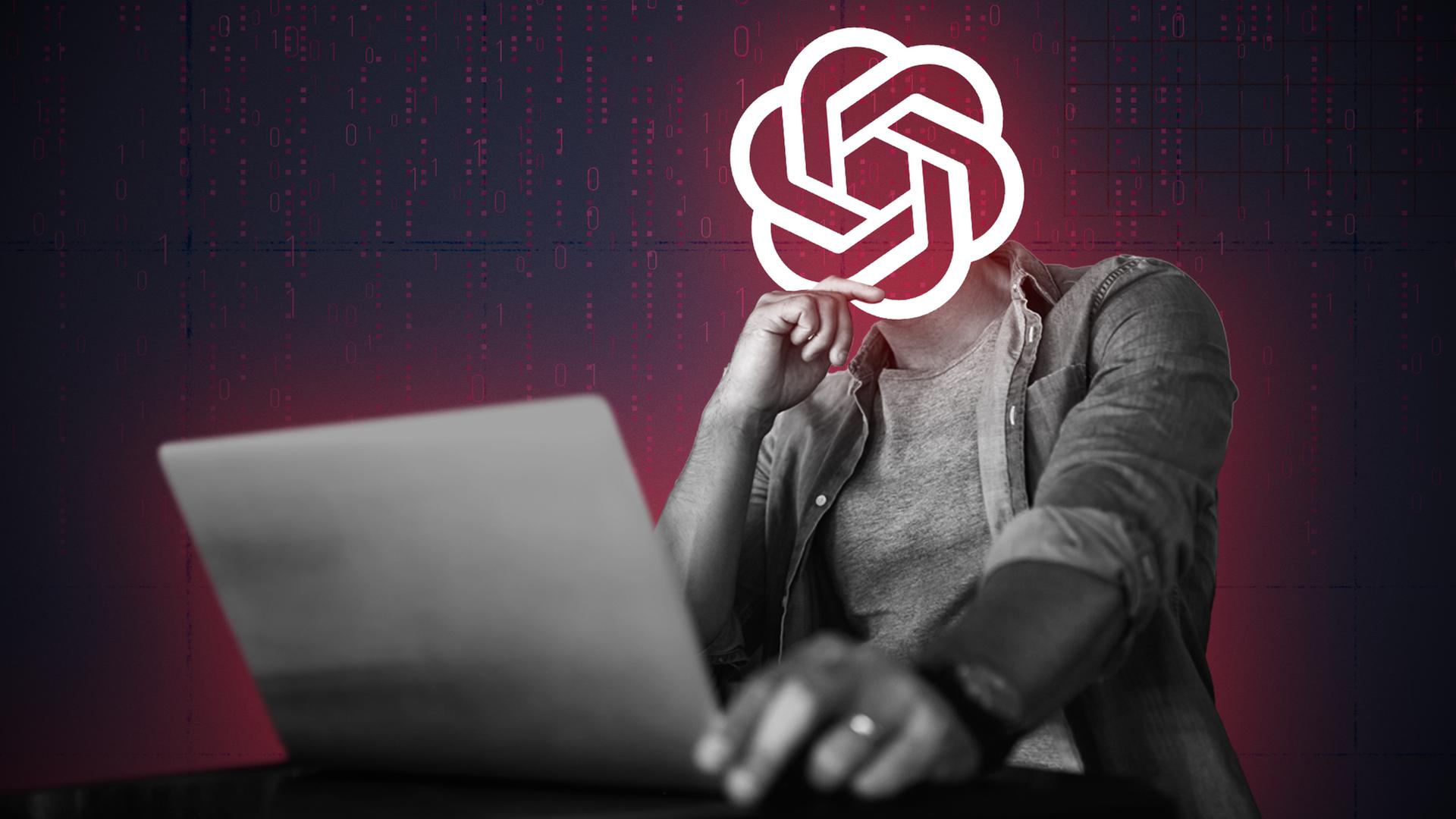 KI-Logo auf dem Kopf einer Person, die einen aufgeklappten Laptop auf den Beinen hat