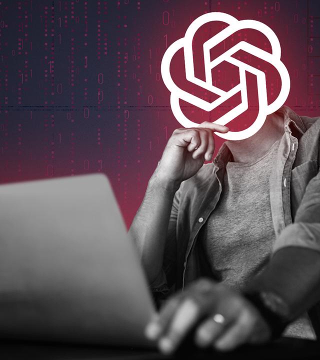 KI-Logo auf dem Kopf einer Person, die einen aufgeklappten Laptop auf den Beinen hat