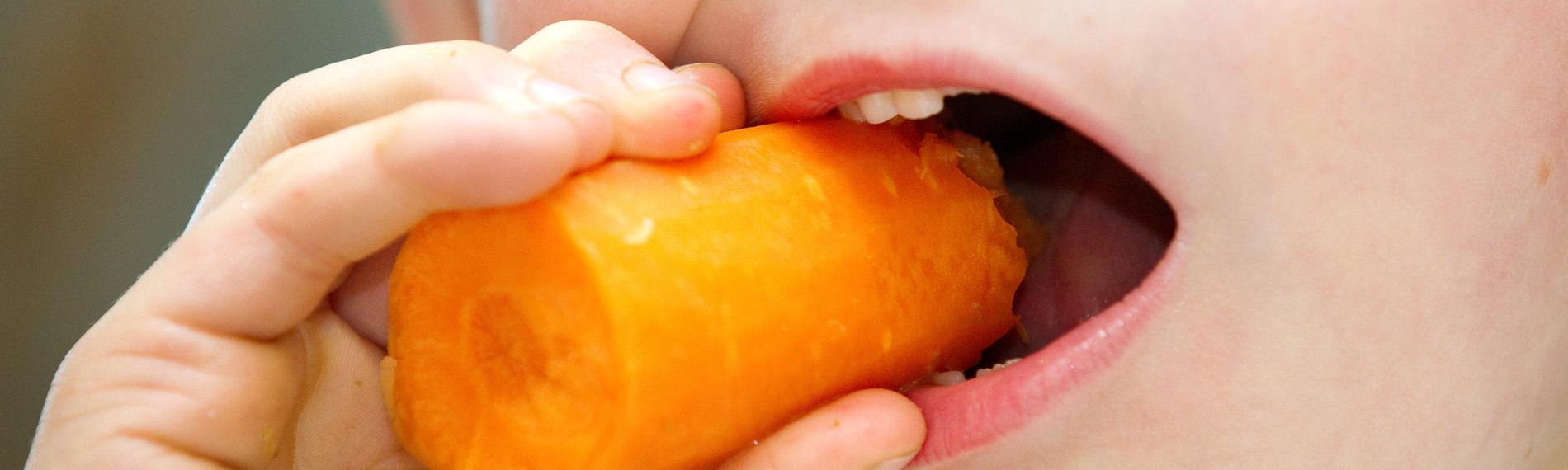 Kind beißt in eine Karotte