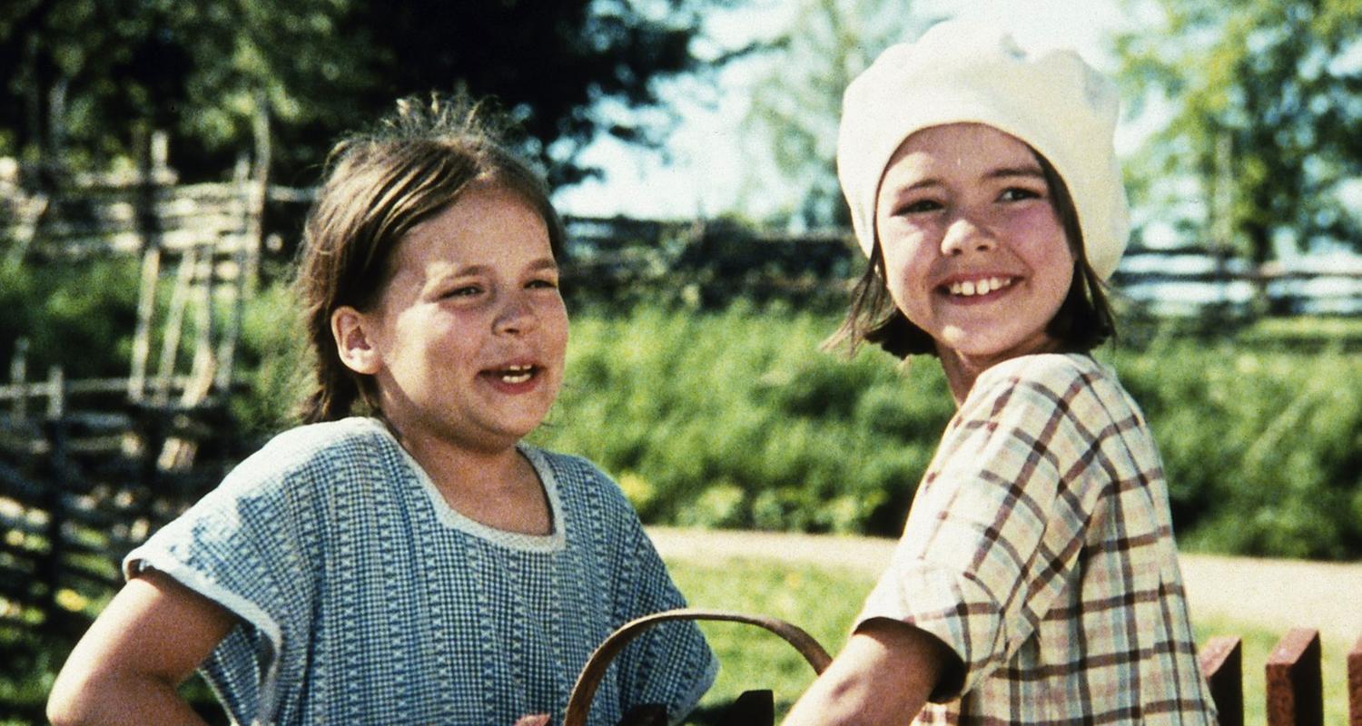 Lisa (links) und Britta (rechts) freuen sich darauf, ins Dorf zum Einkaufen zu gehen. Sie stehen sich lachend am Zaun gegenüber und halten ihre Einkaufskörbe bereit.