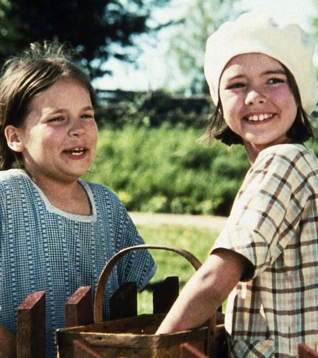 Lisa (links) und Britta (rechts) freuen sich darauf, ins Dorf zum Einkaufen zu gehen. Sie stehen sich lachend am Zaun gegenüber und halten ihre Einkaufskörbe bereit.
