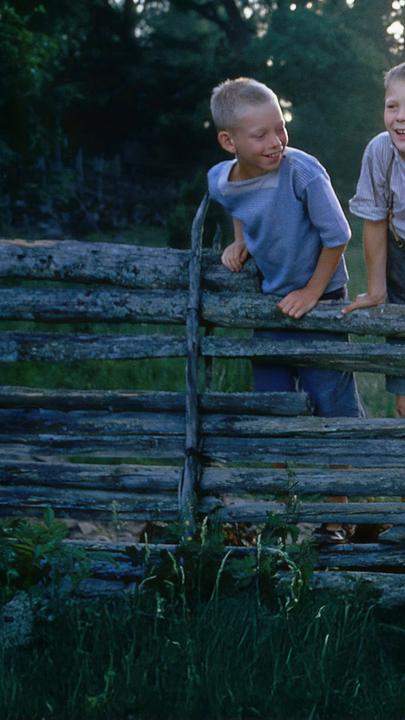 "Wir Kinder aus Bullerbü": Ole (Harald Lönnbro), Lasse (Crispin Dickson-Wendenius) und Bosse (Henrik Larsson) klettern auf einem Holzzaun herum und sehen fröhlich aus. Im Hintergrund ist die tief stehende Sonne zu sehen.