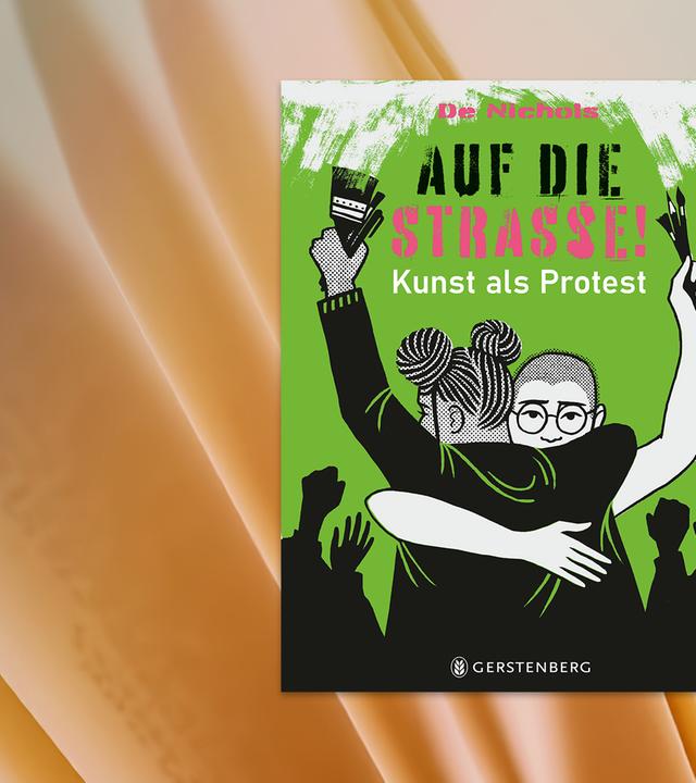 Auf dem Cover des Kinderbuches sieht man die Illustration zweier Personen die sich umarmen und Pinsel hochhalten, vor grünem Hintergrund.