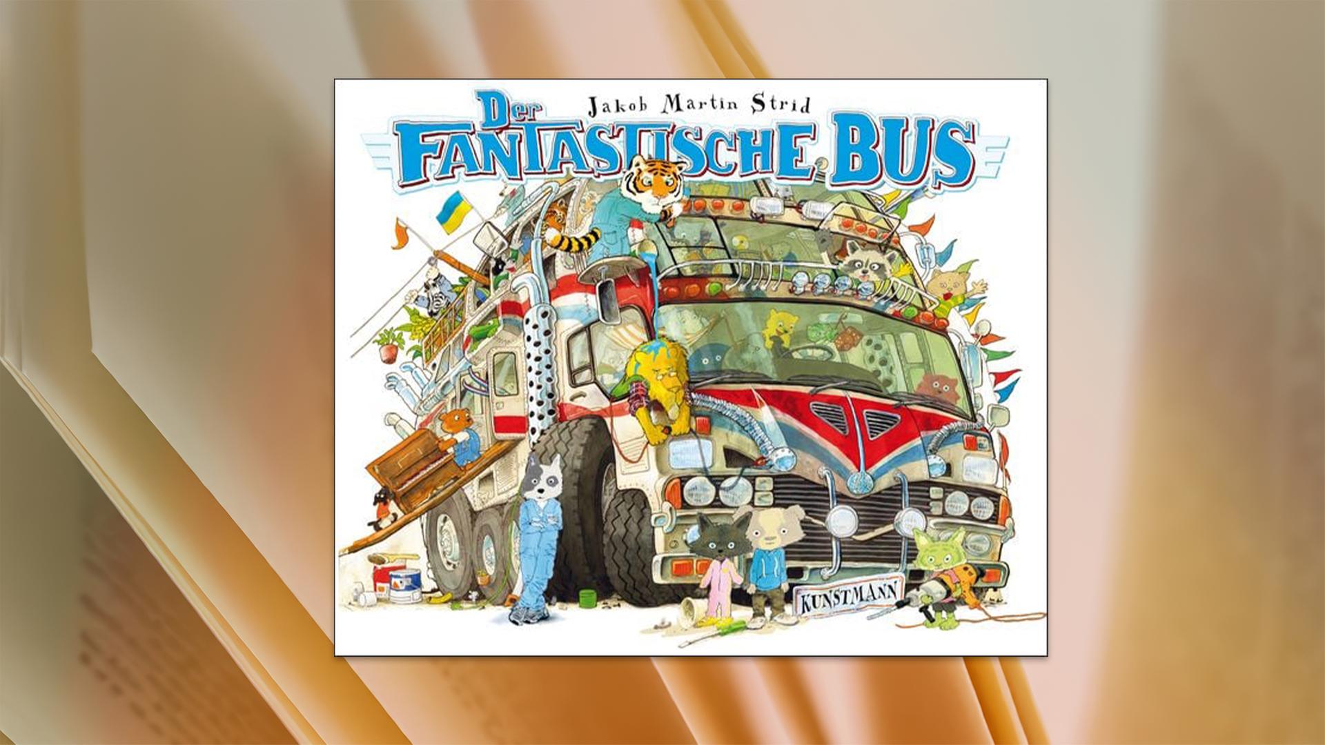 Auf dem Cover des Kinderbuches sieht man die Illustration eines fantasievoll zusammengebauten Busses, der von Tieren umgeben ist.