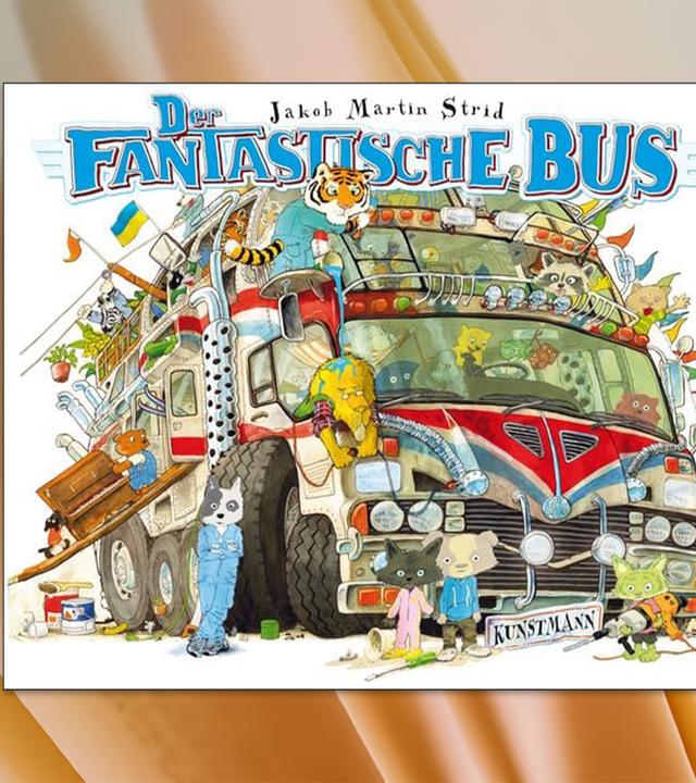 Auf dem Cover des Kinderbuches sieht man die Illustration eines fantasievoll zusammengebauten Busses, der von Tieren umgeben ist.
