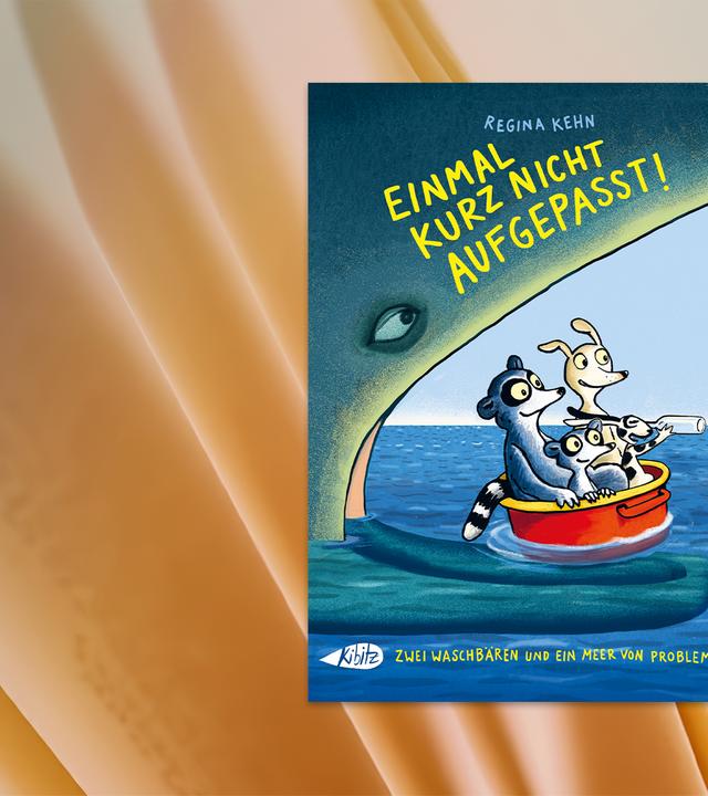 Auf dem Cover des Kinderbuches sieht man die Illustration dreier Tiere, die in einem Topf auf dem Meer schwimmen. Hinter ihnen befindet sich ein Wal, der das Maul aufreisst.