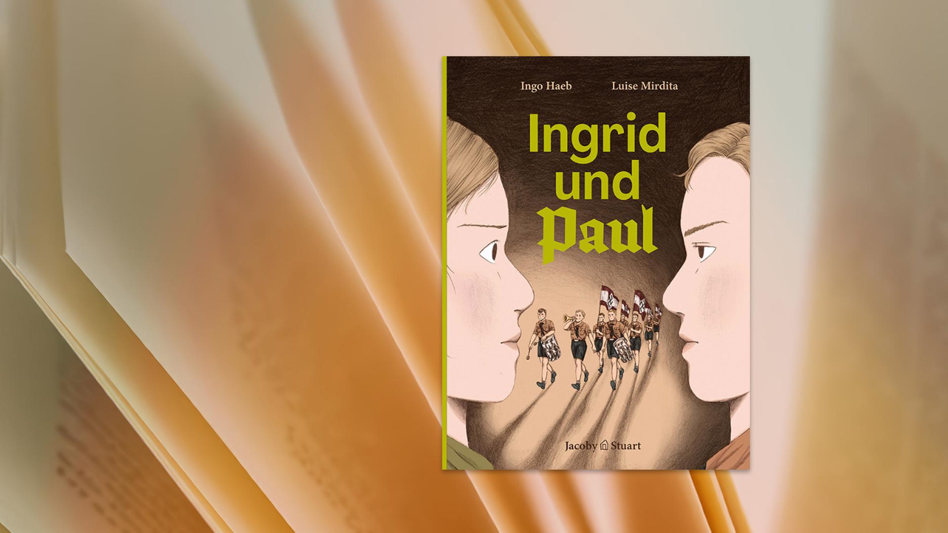 Auf dem Cover des Buches sieht man die Gesichter zweier Kinder. Zwischen ihnen laufen Kinder in Uniformen, die Fahnen schwenken.