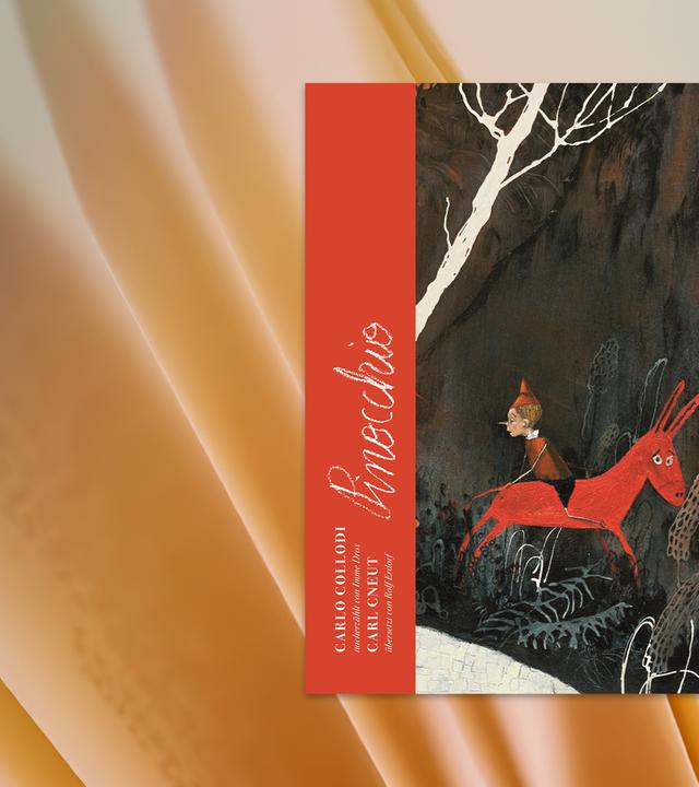 Auf dem Cover des Kinderbuches sieht man die Illustration eines Holzpüppchens mit langer Nase, dass falsch herum auf einem Esel durch einen dunklen Wald reitet.