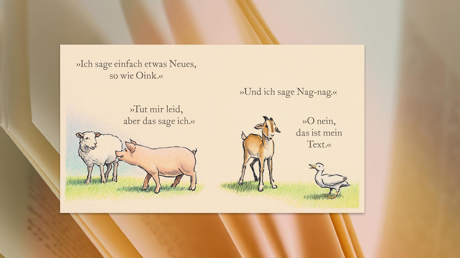 Auf den aufgeschlagenen Seiten eines Kinderbuches sieht man die Illustration eines Schafes, eines Schweines , einer Ziege und einer Ente.