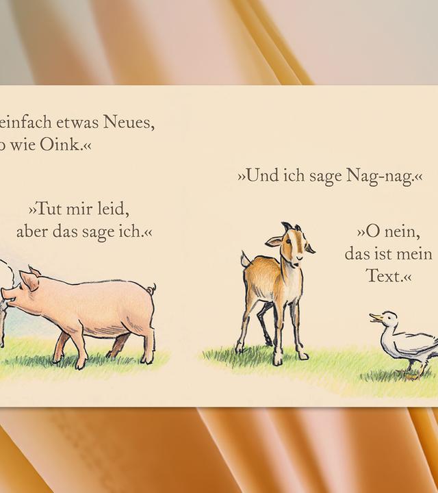 Auf den aufgeschlagenen Seiten eines Kinderbuches sieht man die Illustration eines Schafes, eines Schweines , einer Ziege und einer Ente.