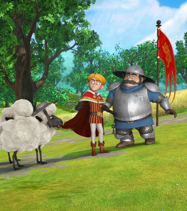 Die Schafe knabbern an Prinz Johns Umhang. Der Sheriff schaut zu. Das oberste Schaf trägt sogar einen Soldatenhelm.