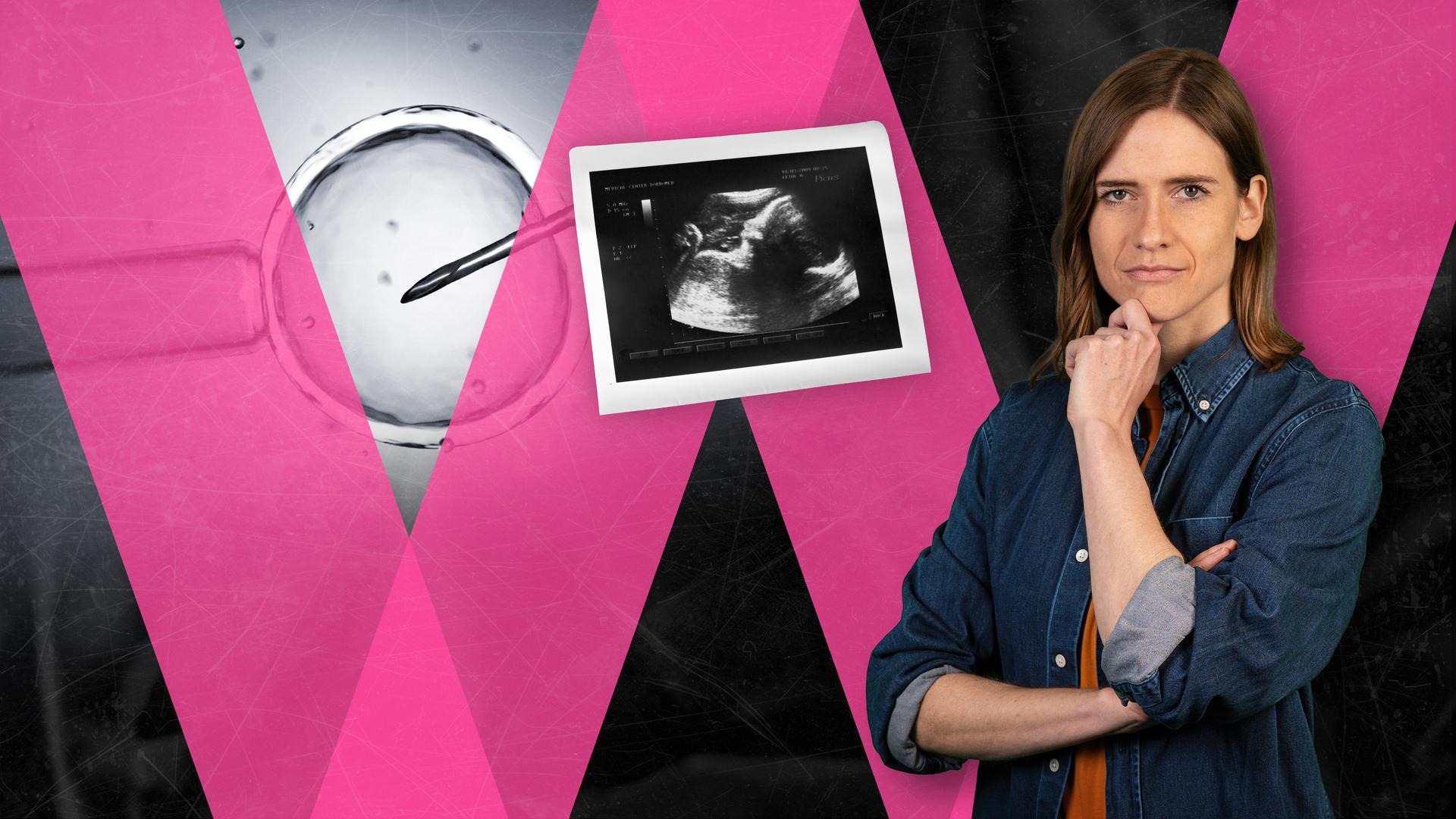 Karen Grass: im Hintergrund Ultraschallbild und Eizelle mit Nadelspitze für In-Vitro-Fertilisation