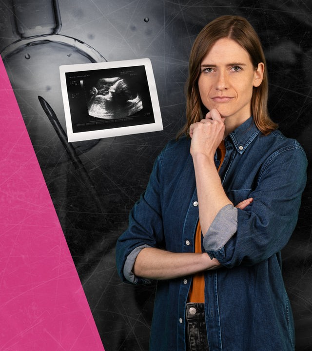 Karen Grass: im Hintergrund Ultraschallbild und Eizelle mit Nadelspitze für In-Vitro-Fertilisation