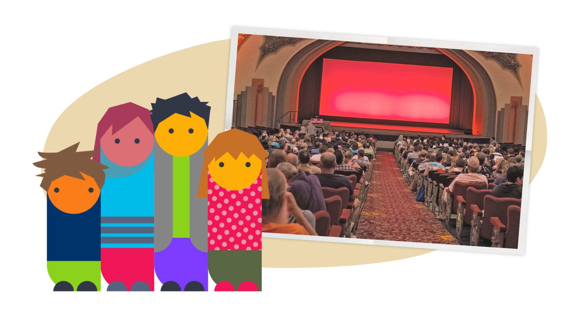 Eine Grafik zeigt eine Familie neben einem Foto von einem Kino