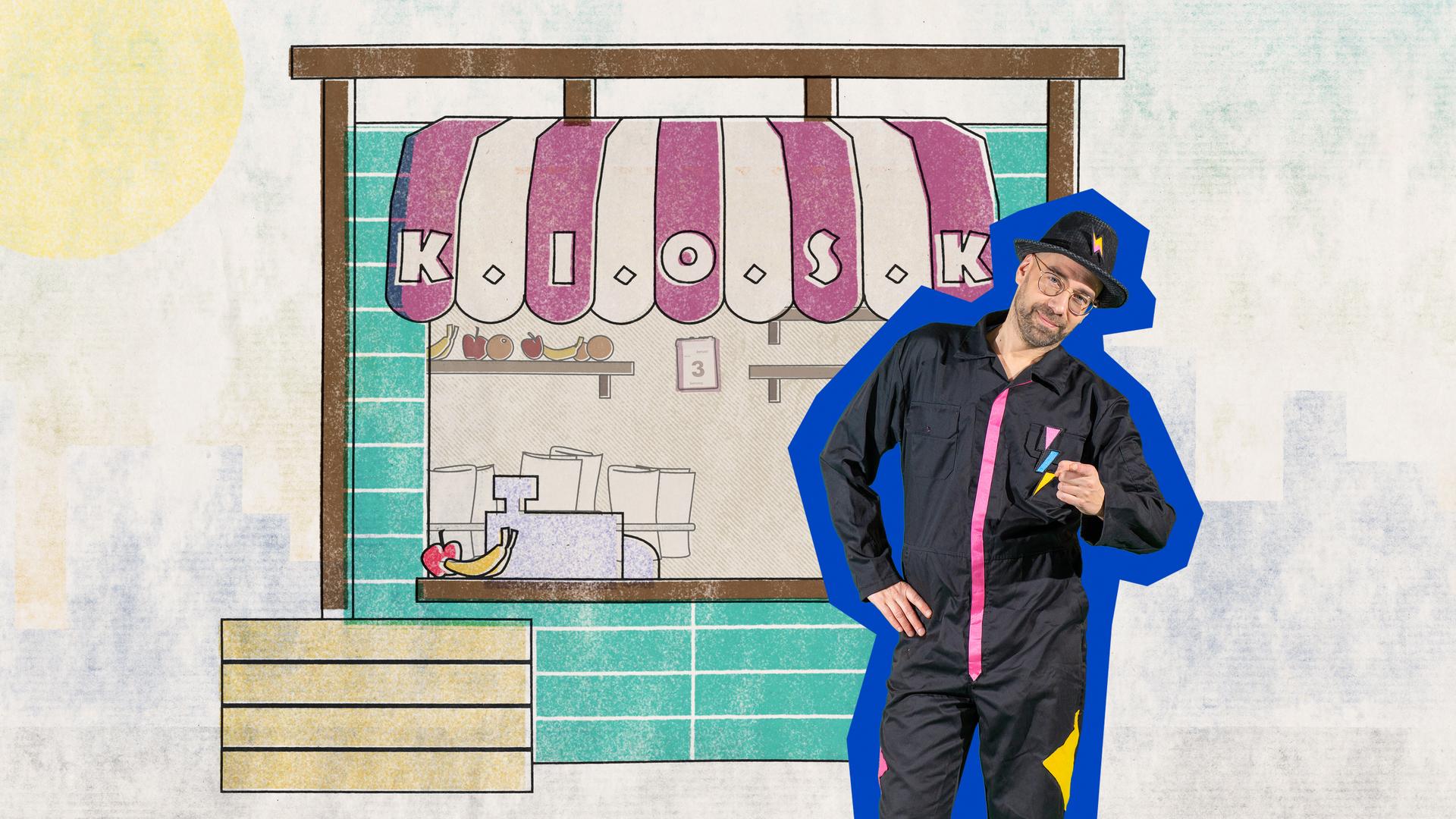 SingAlarm - SingDings Kiosk: Richard von Richards Kindermusikladen posiert vor einem gezeichneten Kiosk aus blauen Ziegel mit einer rot-weißen Markise.