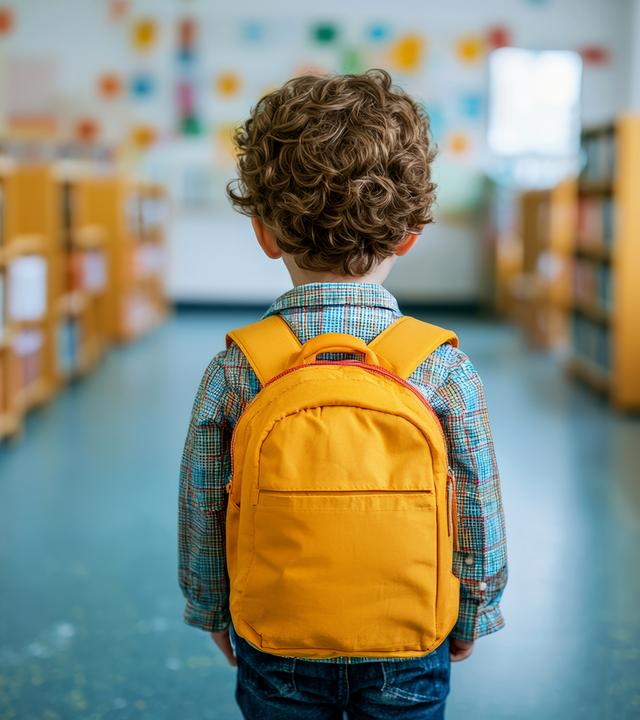 Kleiner Junge trägt gelben Rucksack, von hinten: In Weimar schließen Kitas, weil Kinder fehlen.