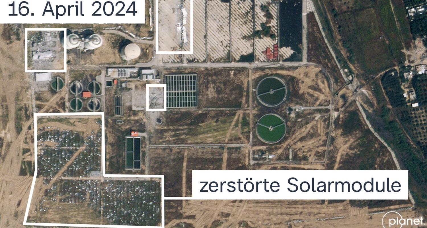 Satellitenbild der Kläranlage - zu sehen sind zerstörte Gebäude und die zerstörte Solaranlage