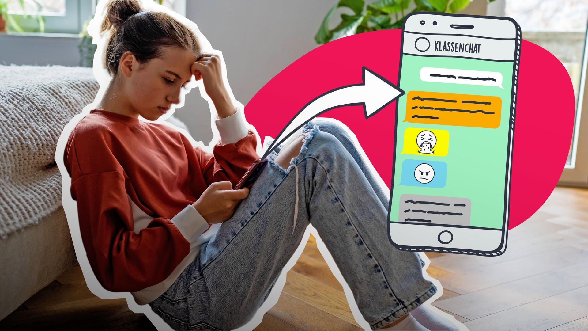Grafik-Collage: Mädchen sitzt am Boden mit Handy, davon geht Pfeil Richtung grafisches Handy mit Klassenchat