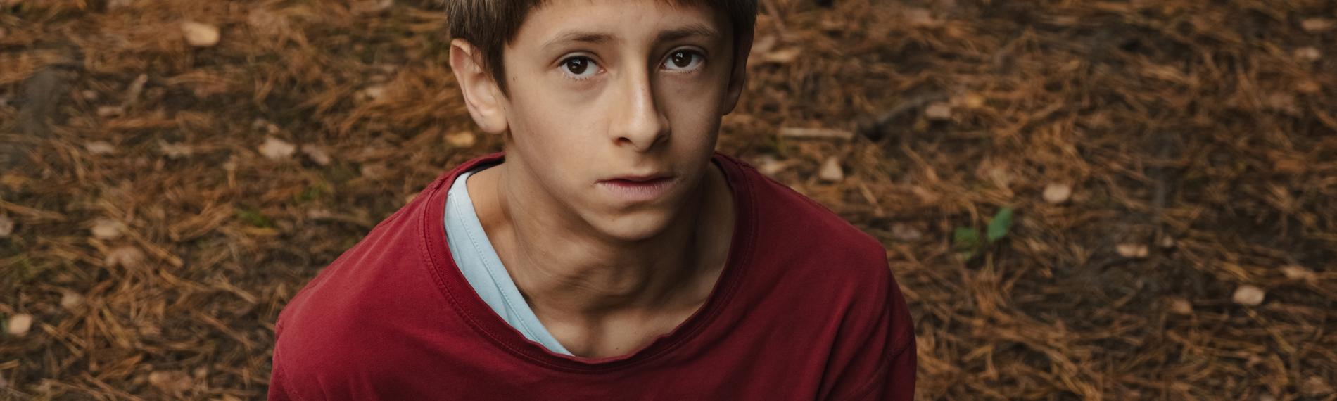  Man schaut von oben auf einen Jungen, ungefähr 12 Jahre, in einem rotem Pullover. Er schaut steht auf Waldboden und schaut ein wenig ängstlich und ernst nach oben. 