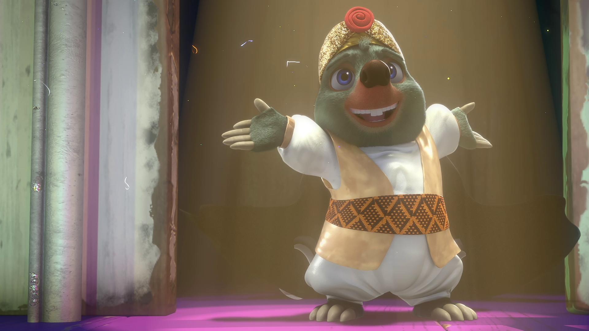 Moley steht auf einer Bühne. Er wird von einem Scheinwerferlicht angestrahlt und posiert stolz und glücklich in seinem neuen Outfit.