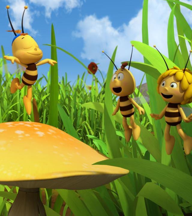 Siggi (links) tanzt auf einer Blume. Er bringt Willi und Maja zum lachen (rechts).