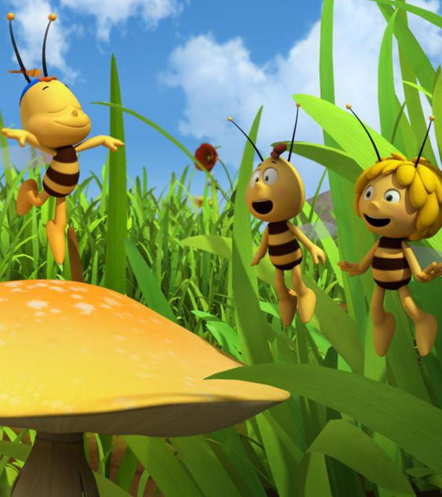 Siggi tanzt auf einer Blume. Er bringt Willi und Maja zum lachen.