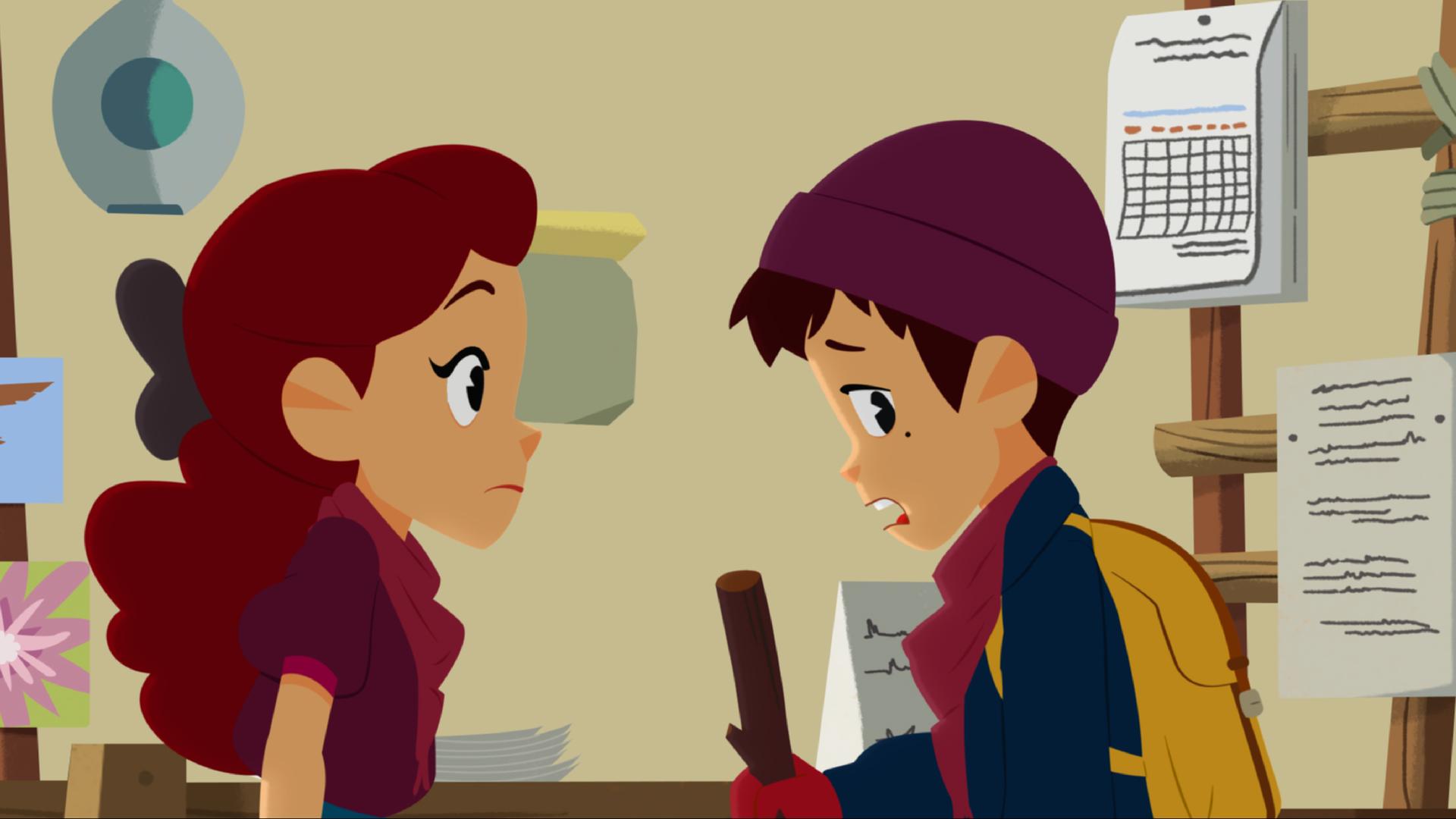 Adele (links) redet mit Sebastian (rechts). Er trägt seine Wanderklamotten und guckt traurig zur Seite.