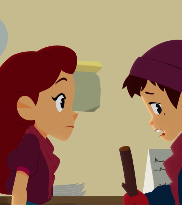 Adele (links) redet mit Sebastian (rechts). Er trägt seine Wanderklamotten und guckt traurig zur Seite.