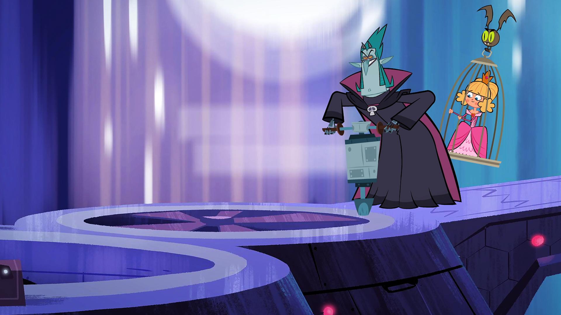 Vipkrad bohrt Löcher in die Brücken und Rohre der Kanalisation von Atalantis, um an das Spiegelfragment aus dem Brunnen zu gelangen. Die gefangene Prinzessin schwebt hinter ihm in einem Käfig und muss dabei zuschauen.