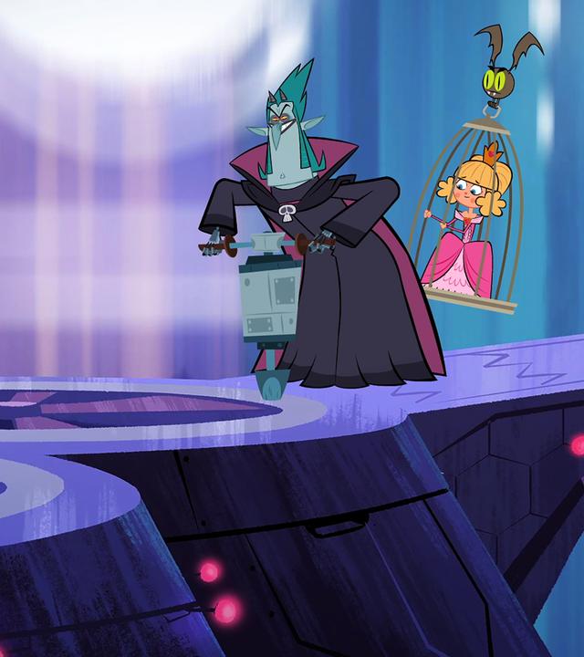 Vipkrad bohrt Löcher in die Brücken und Rohre der Kanalisation von Atalantis, um an das Spiegelfragment aus dem Brunnen zu gelangen. Die gefangene Prinzessin schwebt hinter ihm in einem Käfig und muss dabei zuschauen.