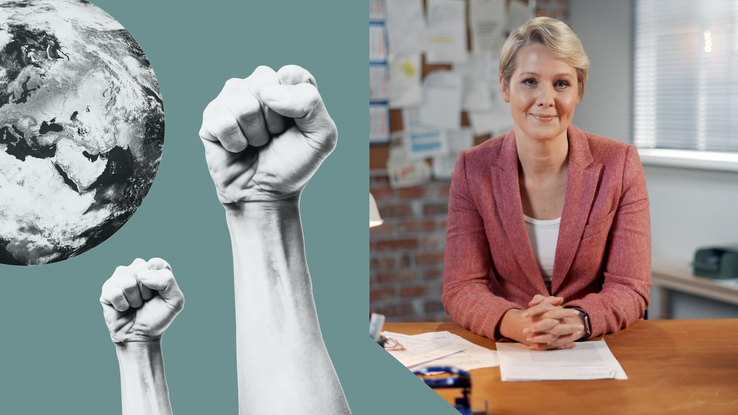 Aktivisten der "Letzten Generation" auf der Straße. Im Hintergrund ein Polizeiwagen. ZDF-Korrespondentin Nicole Diekmann ist in einem ausgeschnittenen Icon zu sehen.