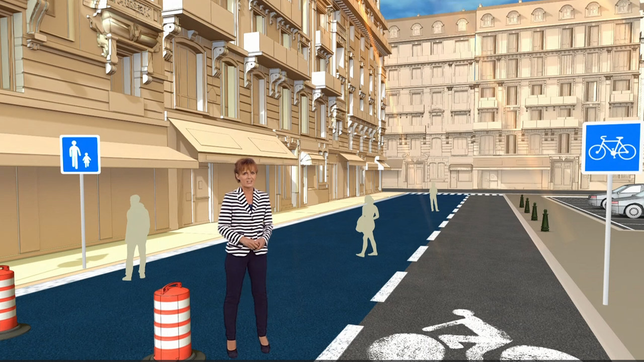 3D Grafik, Häuserzeile Paris, Strasse, Autos, Radweg, Park, Bäume, Katja Horneffer