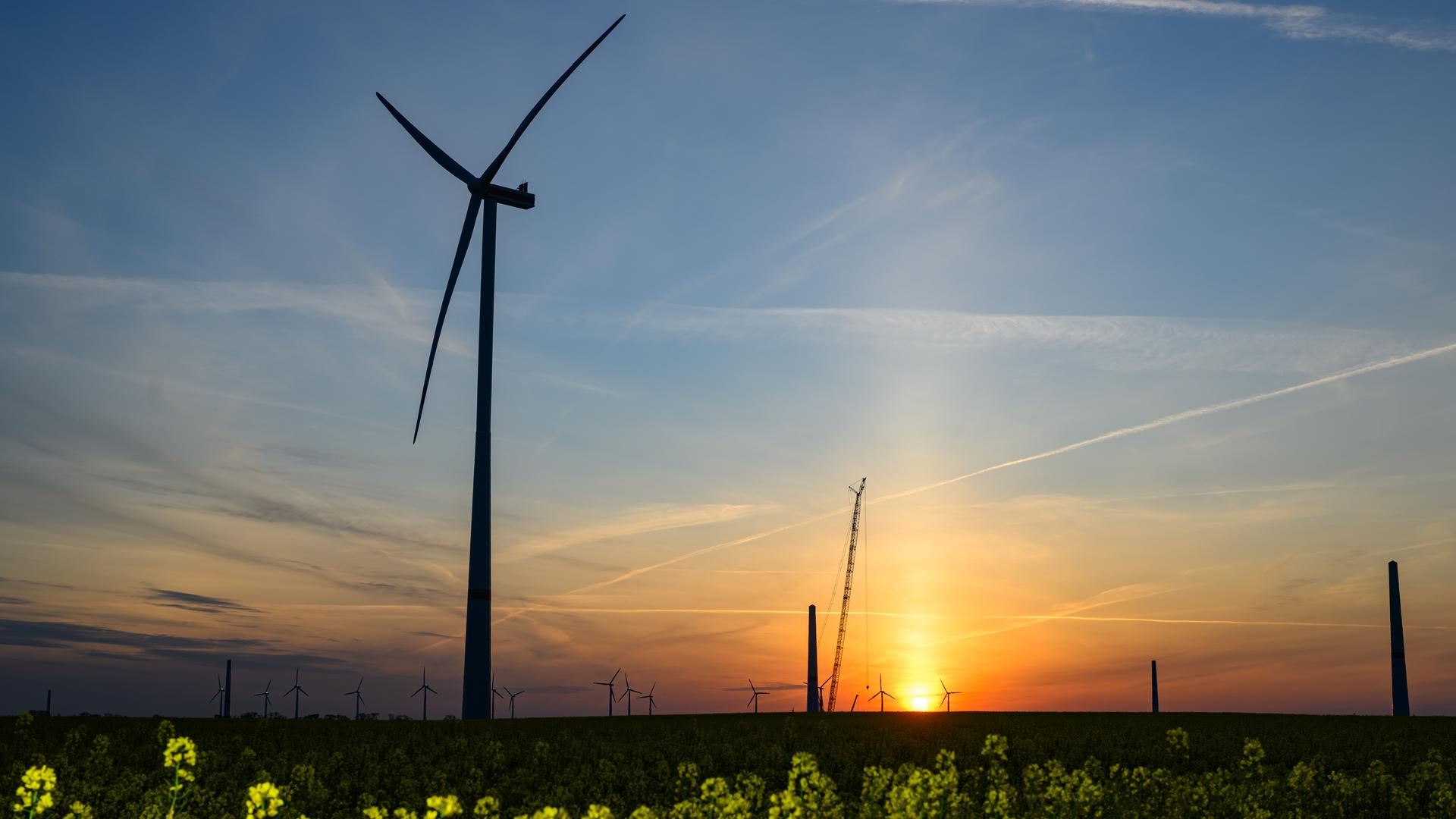 29.04.2025, Brandenburg, Lebus: Der Sonnenaufgang leuchtet über der Landschaft mit Windenergieanlagen und einem Kran auf einer Baustelle für ein neues Windrad.