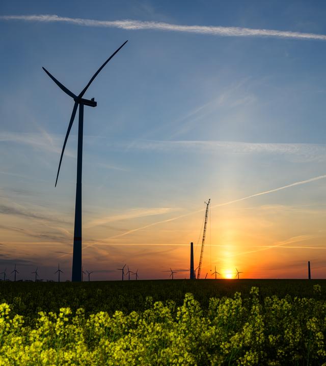 29.04.2025, Brandenburg, Lebus: Der Sonnenaufgang leuchtet über der Landschaft mit Windenergieanlagen und einem Kran auf einer Baustelle für ein neues Windrad.