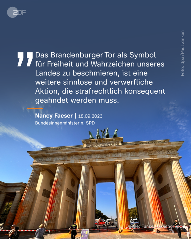 Bundesinnenministerin Nancy Faeser bezeichnet die Besprühung des Brandbenburger Tor von Klimaaktivisten als "sinnlos".