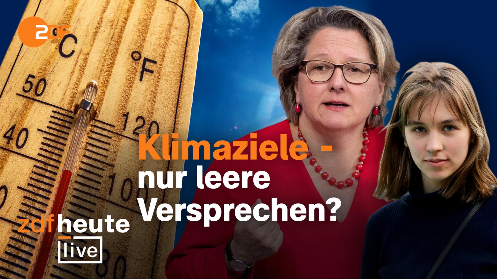 Rechts Klimaaktivistin Pauline Brünger und Bundesumweltministerin Svenja Schulze. ZDFheute live Logo unten links, ZDF Logo oben links. Schriftzug "Klimaziele - nur leere Versprechen?". Im Hintergund einThermometer, das 40°C anzeigt.