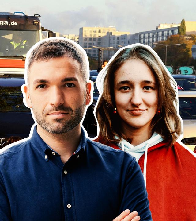 Konstantin Kuhle von der FDP und Carla Rochel von der Letzten Generation. Im Hintergrund sind eine blockierte Straße und Autos zu sehen.